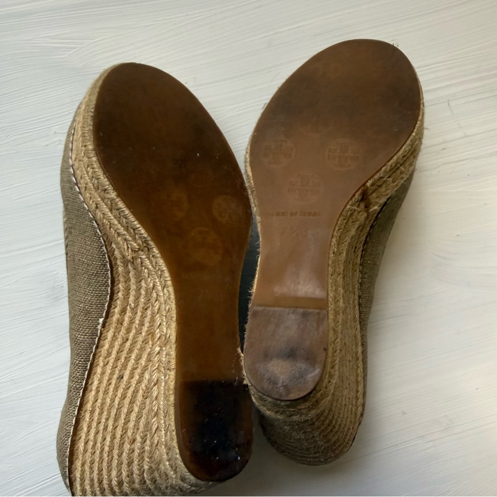 TORY BURCH JACKIE BOW BEIGE CANVAS SZ 7.5 B PRE-OWNED WEDGE HEEL ESPADRILLE - Picture 6 of 9